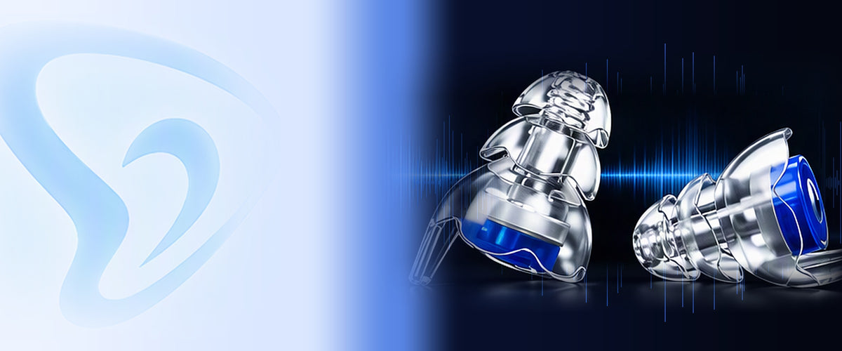 Clear Auricula earplugs with blue filters on a glowing blue sound wave